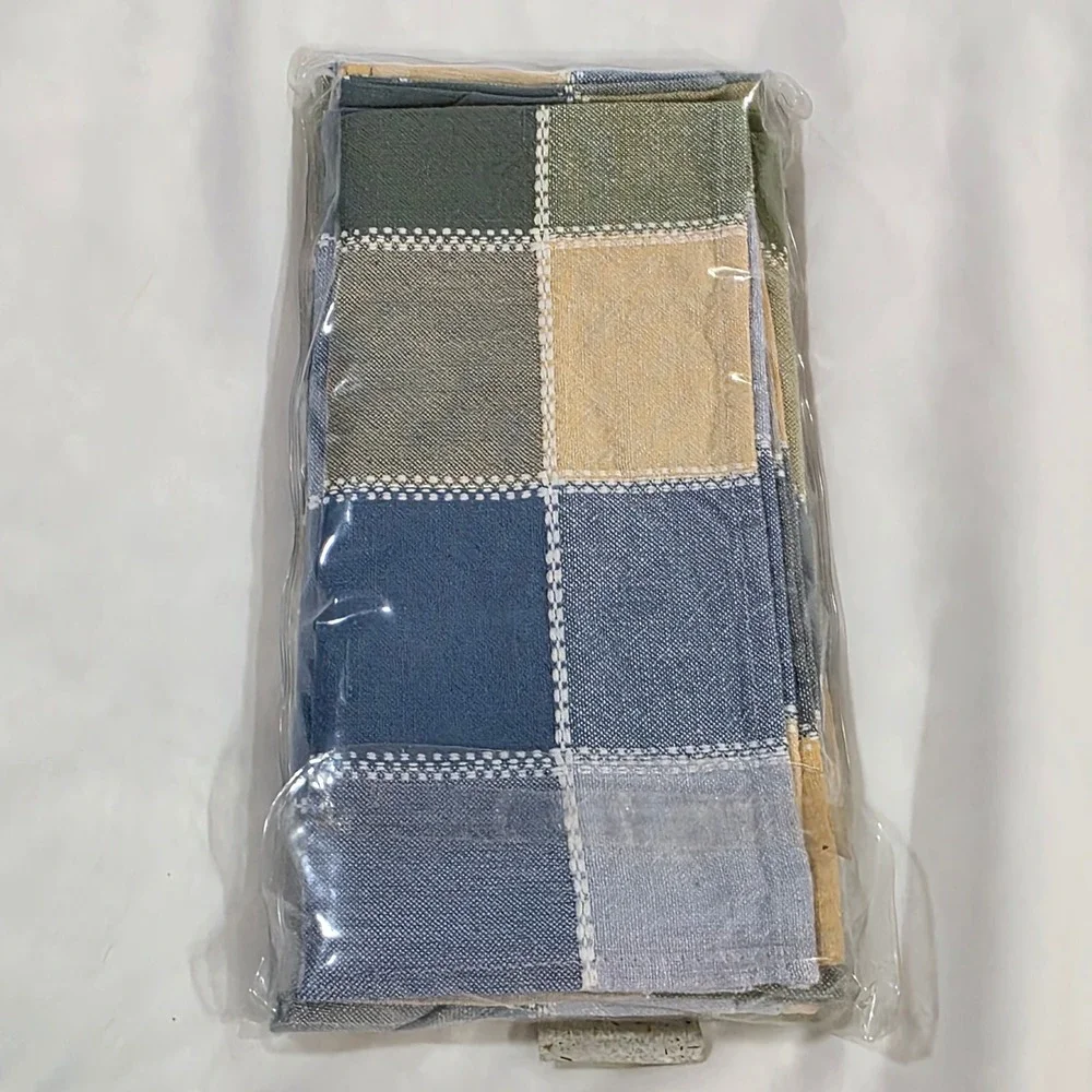 Bed Bath & Beyond Patchwork Plaid Napkin Set of 4 Green Blue Tan Woven Cloth VTG